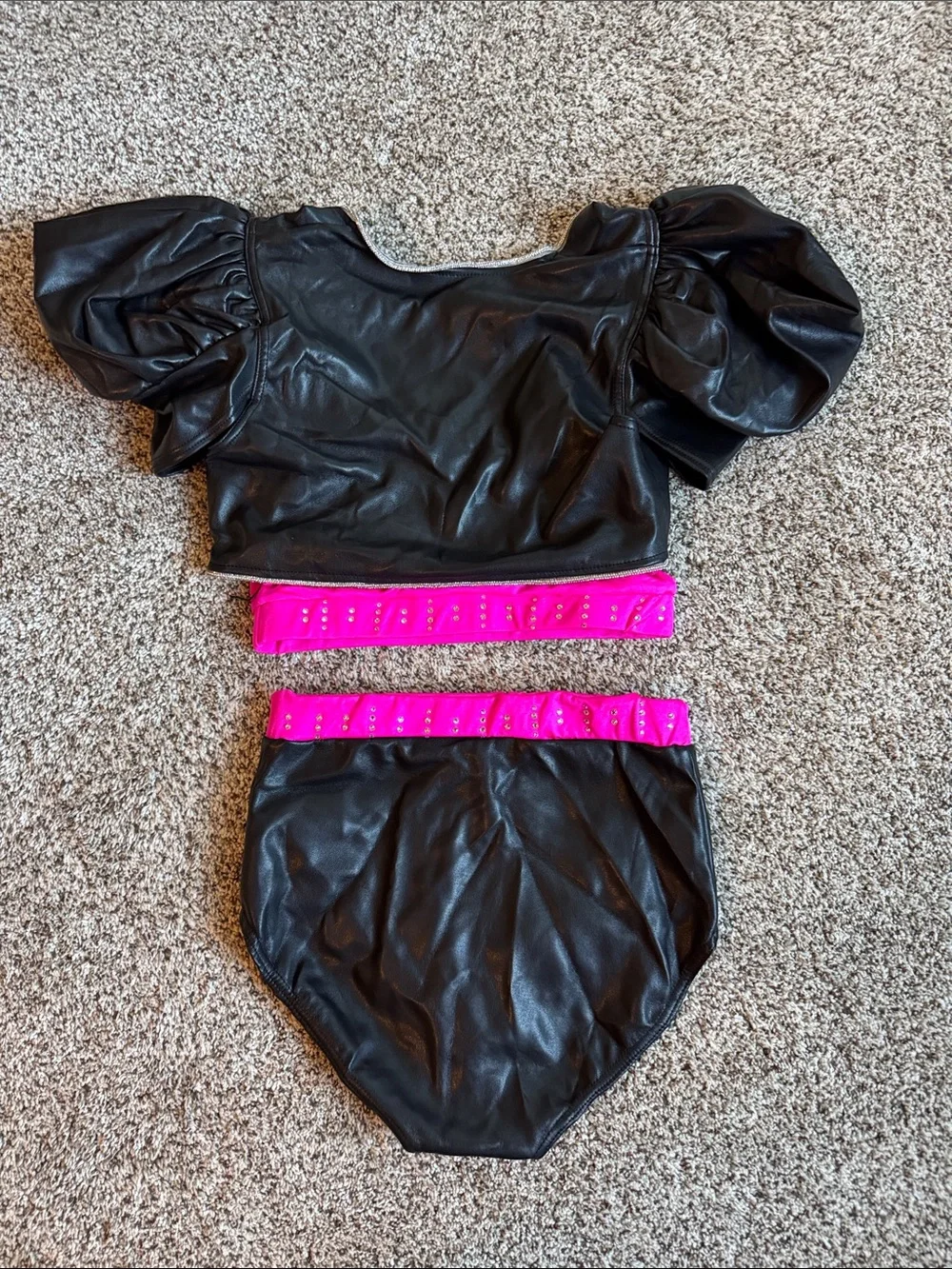 Weissman Black pleather and Hot Pink Dance Costume with puff sleeves style 17581